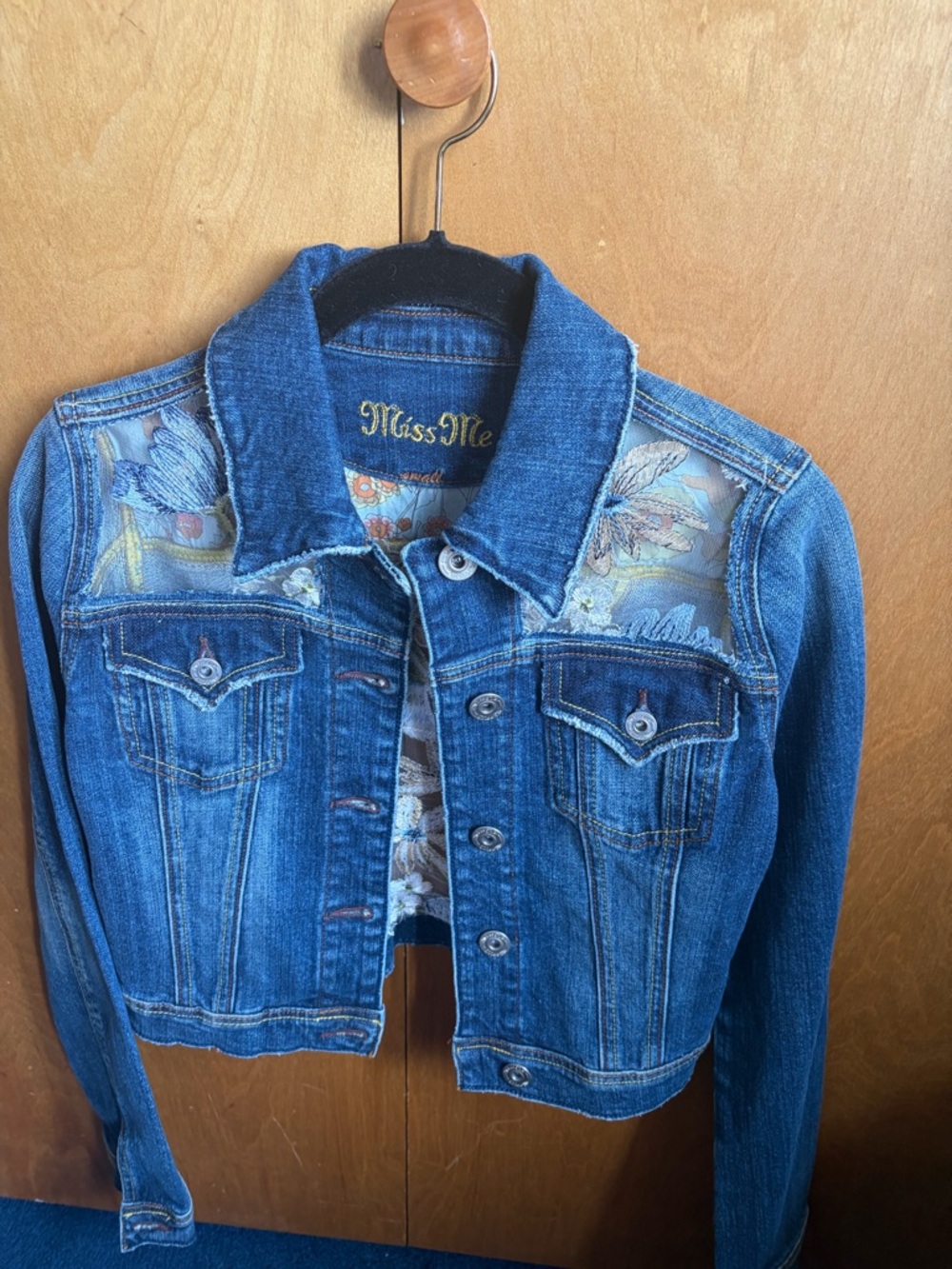 Miss Me Blue Denim Cropped Jacket with Floral Embroidered Panels